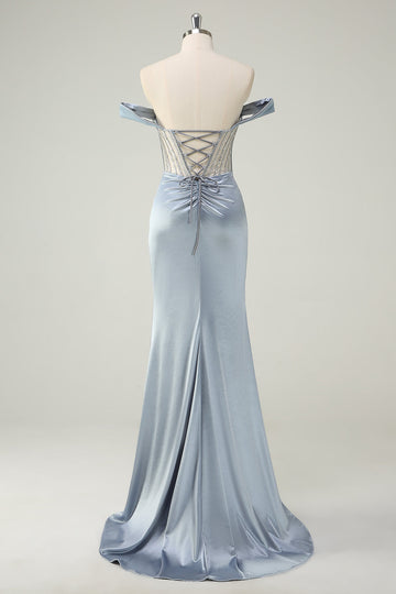 Dusty Blue Mermaid Corset Off The Shoulder Long Formal Dress With Slit